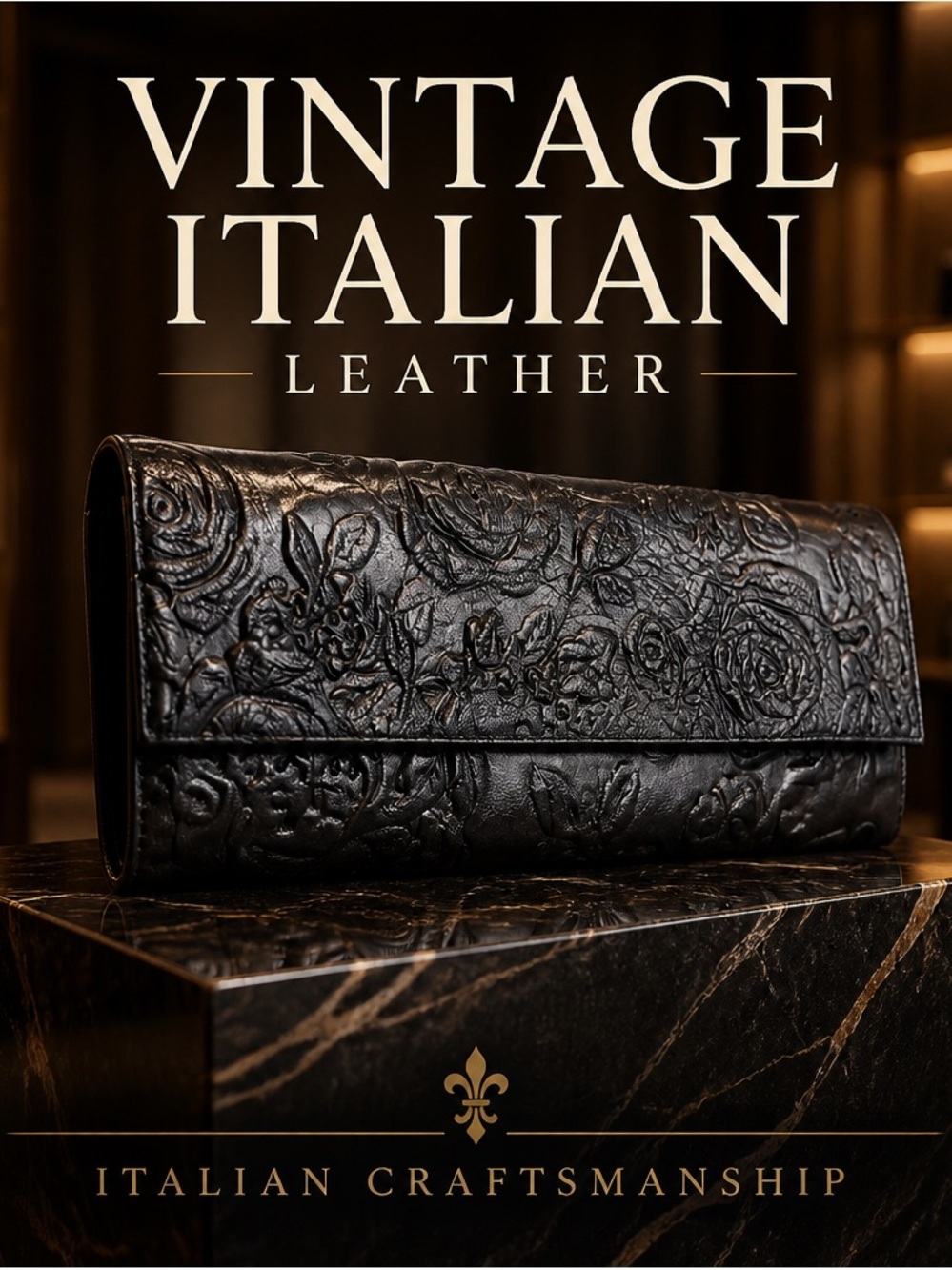 Vintage Italisan Leather Rose Embossed 3D Tomassin black clutch